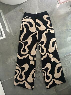 Cider Black and Beige Wide Leg Pants with Swirl Pattern